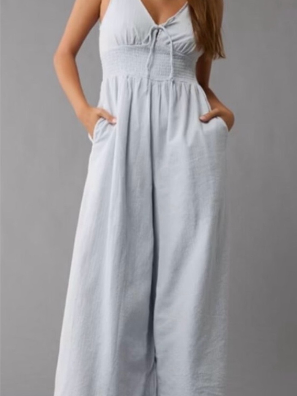 NWOT AEO Light Blue Stripe Smock Waist Palazzo Leg Jumpsuit Pockets XL